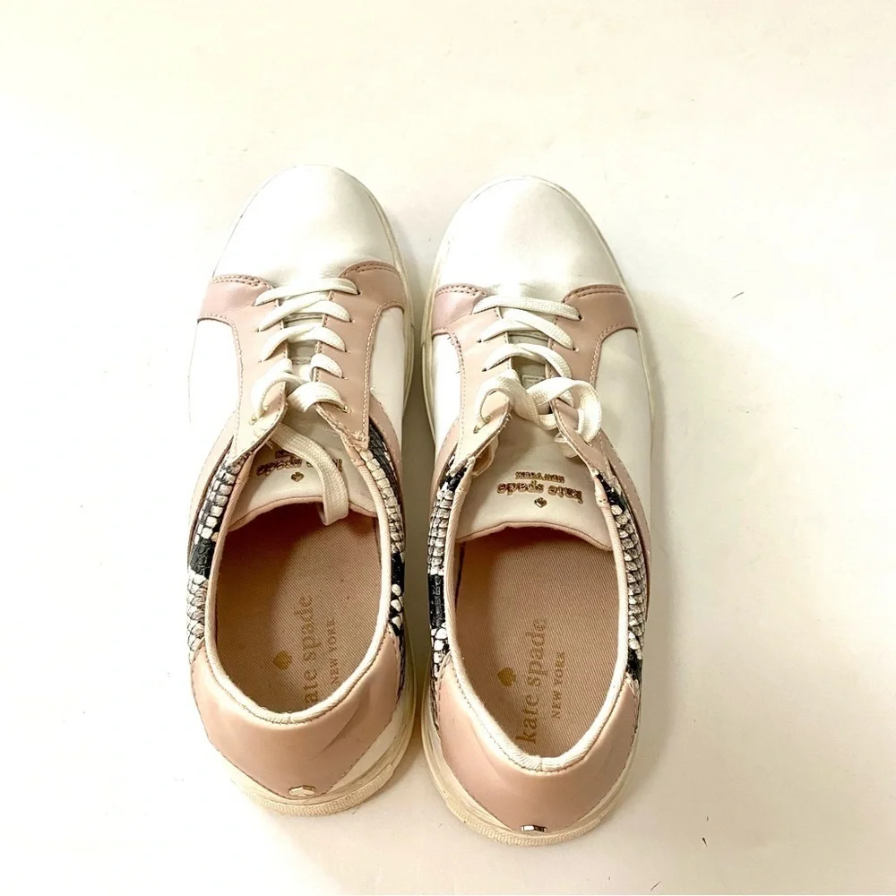 Kate Spade NY Dash White Pink Leather Sneaker Size 8.5 Snakeskin Panels Low Top